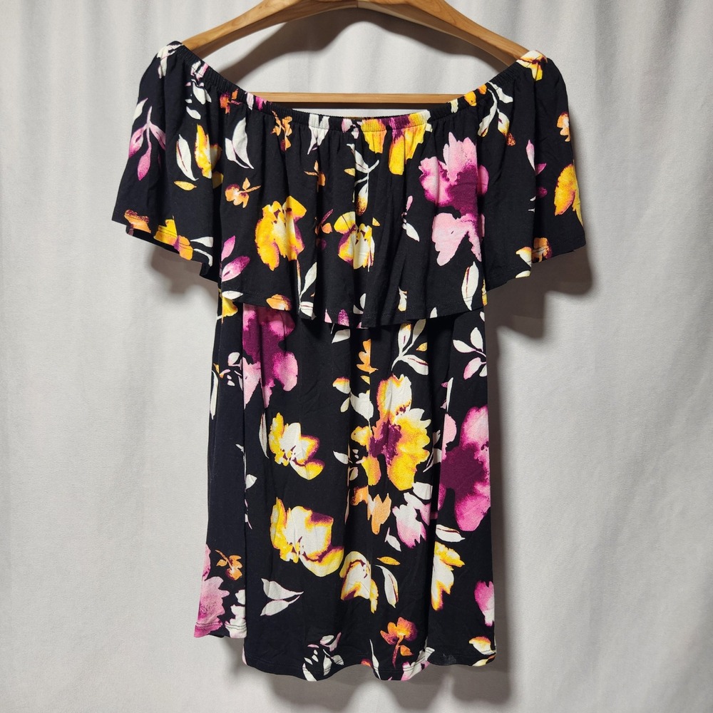 Lane Bryant‎ Womens 14/16 Floral Off the Shoulder Ruffle Top Black Pink s1117801